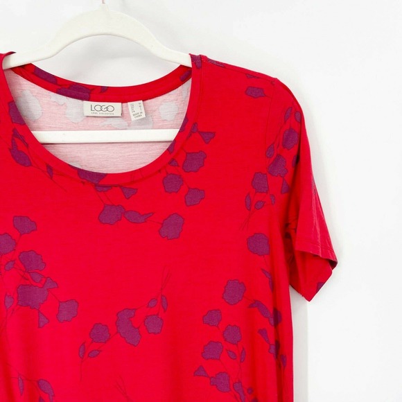 Logo Lori Goldstein Floral Midi Dress Sz M Red Contrast Godet Scoop Neck Stretch - Picture 2 of 8